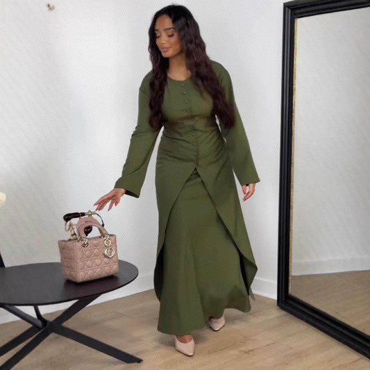 Women's Satin Button Evening Dress Two-piece Set - IntuitiveEncBoutique