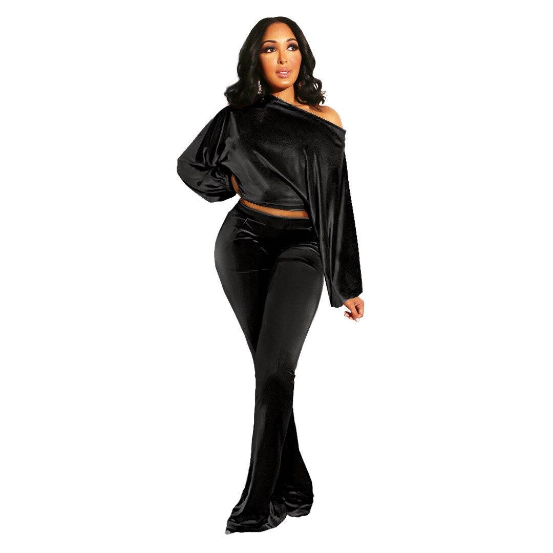 Autumn and Winter Women's Suit Pants Nightclub Sexy T-shirt Flannelette One Shoulder Slim Fit Elegant Women's 2-piece Set - IntuitiveEncBoutique