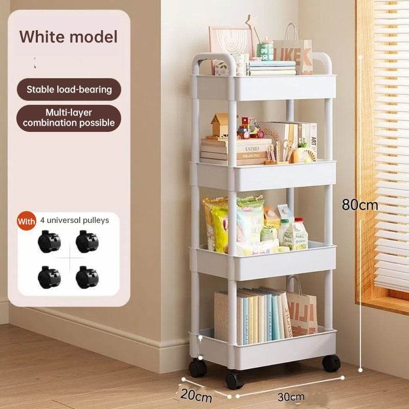 White rolling storage cart. Multifunctional, open shelves for books, ideal for kitchen & bedroom storage - IntuitiveEncBoutique