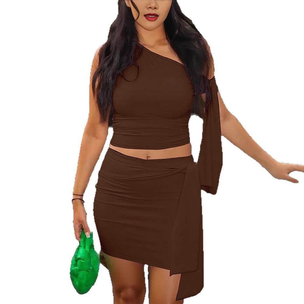 Women's Oblique Collar Tied Top with Fitted Pleated Skirt Set - IntuitiveEncBoutique