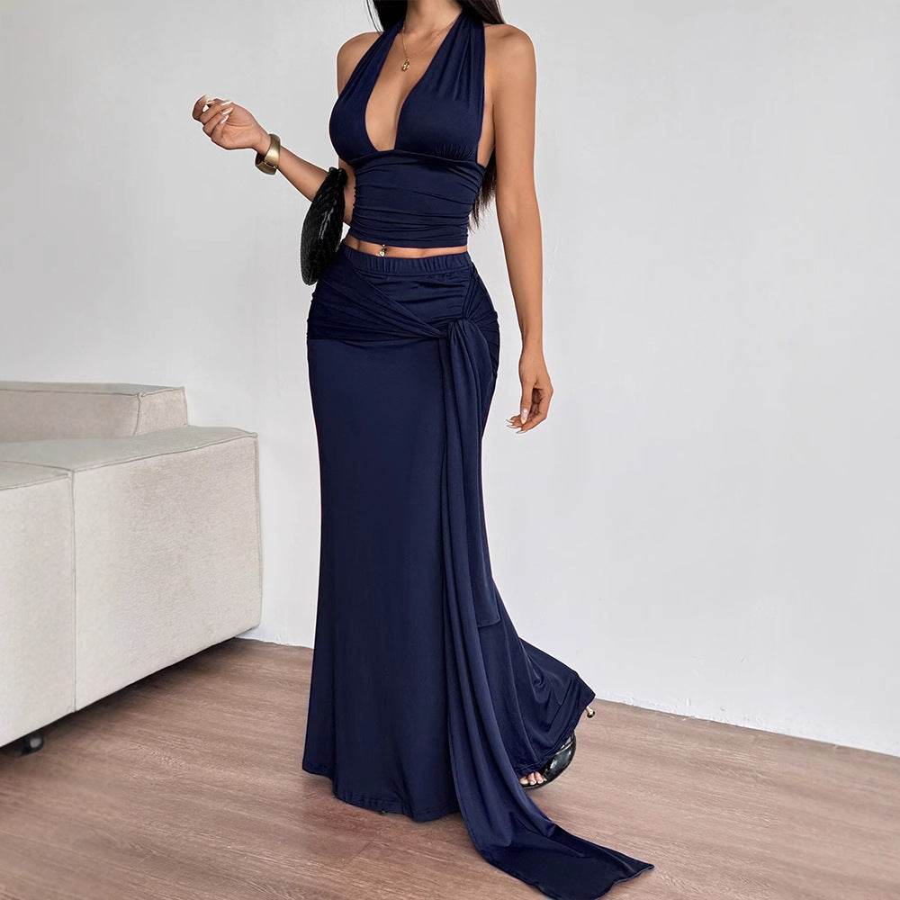 Sexy Off-the-Shoulder Waist-Cinching Top with Belt and Long Fitted Skirt - IntuitiveEncBoutique