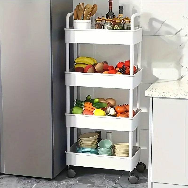 White rolling storage cart. Multifunctional, open shelves for books, ideal for kitchen & bedroom storage - IntuitiveEncBoutique