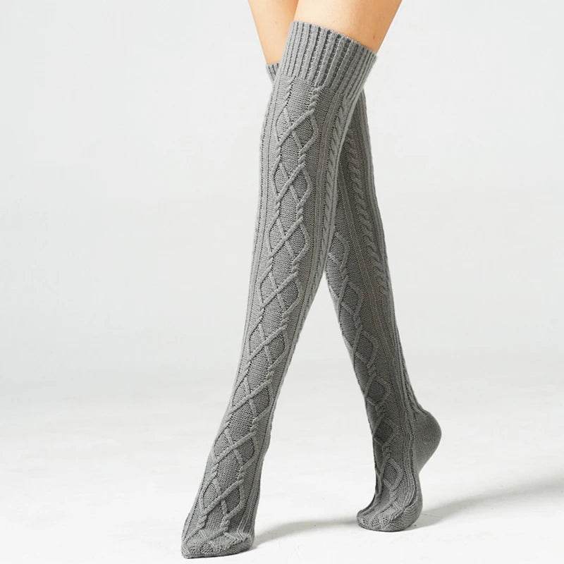 Knitted knee over foot warm leg socks knitted yarn warm knee pads double diamond shaped floor socks - IntuitiveEncBoutique