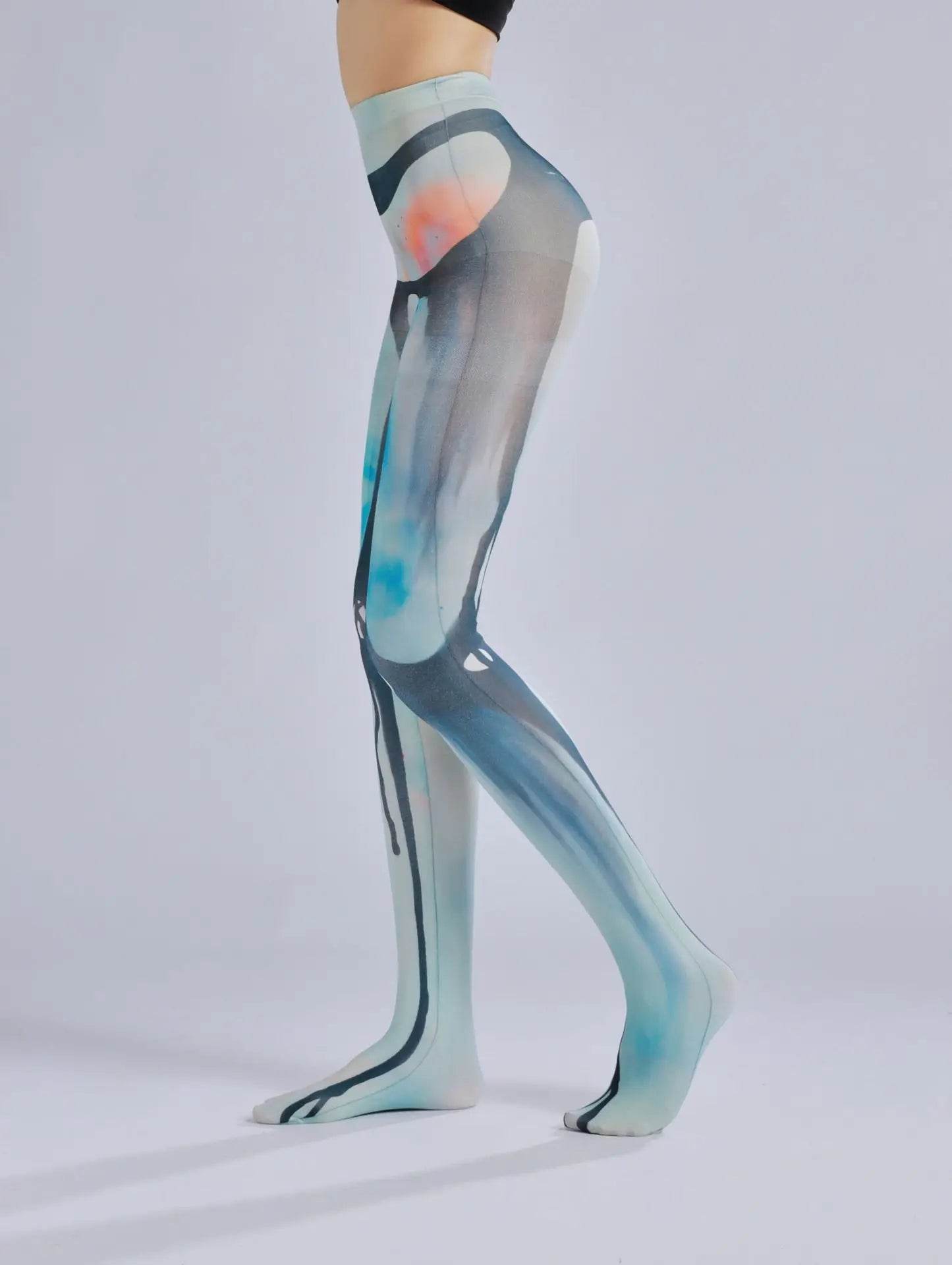 Dark patterned printed pantyhose with ink flow and personalized bottom socks - IntuitiveEncBoutique
