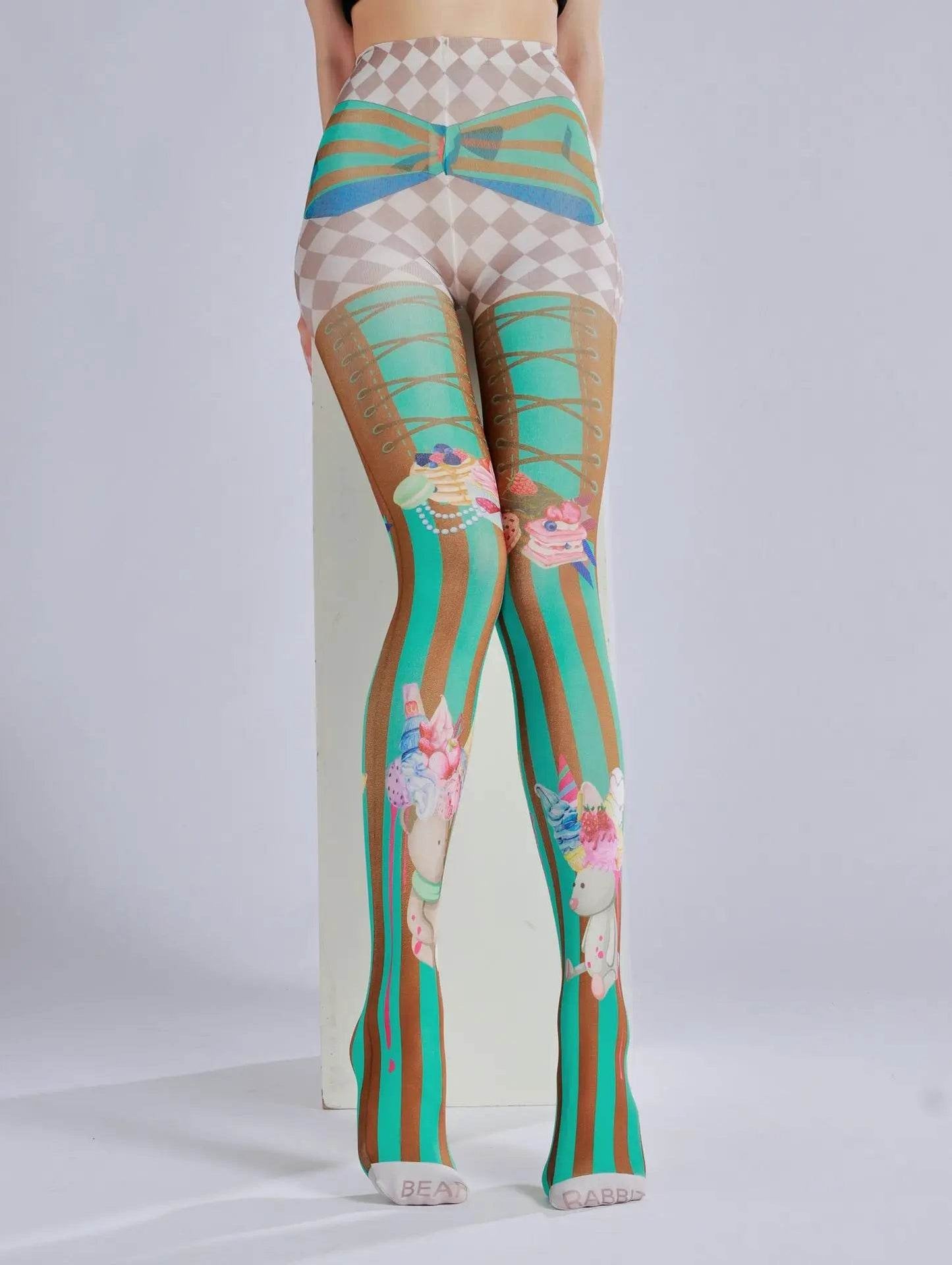 Cake ice cream printed pantyhose with striped checkered pattern as a base sock - IntuitiveEncBoutique