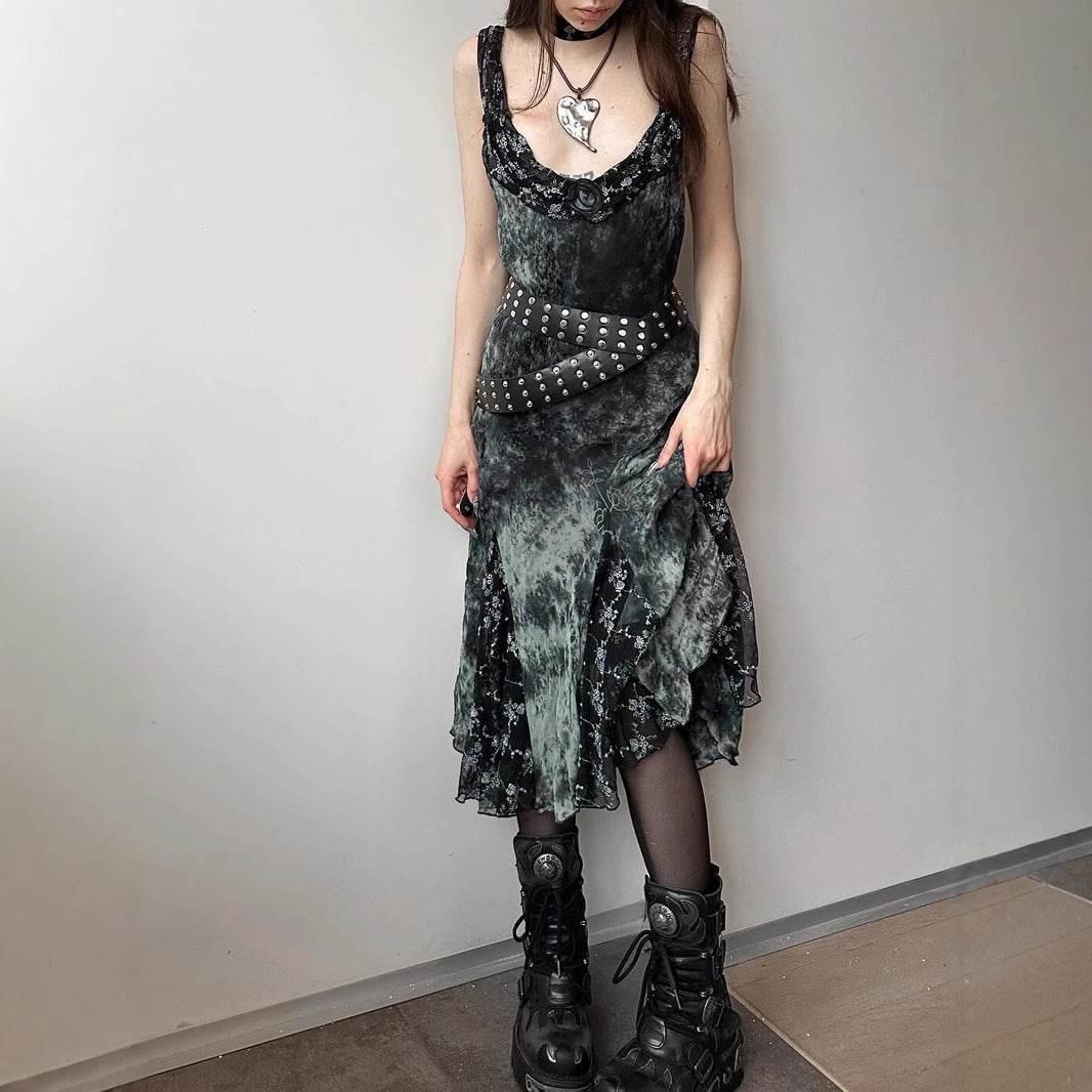 Gothic Vintage Tie-Dye Floral Ruffle Irregular Hem Dress with Sexy Lace Mesh Sleeveless Long Skirt - IntuitiveEncBoutique