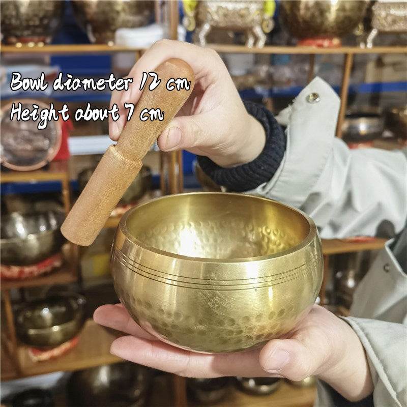 Tibetan brass singing bowl with Sanskrit – handmade meditation instrument for stress relief. - IntuitiveEncBoutique
