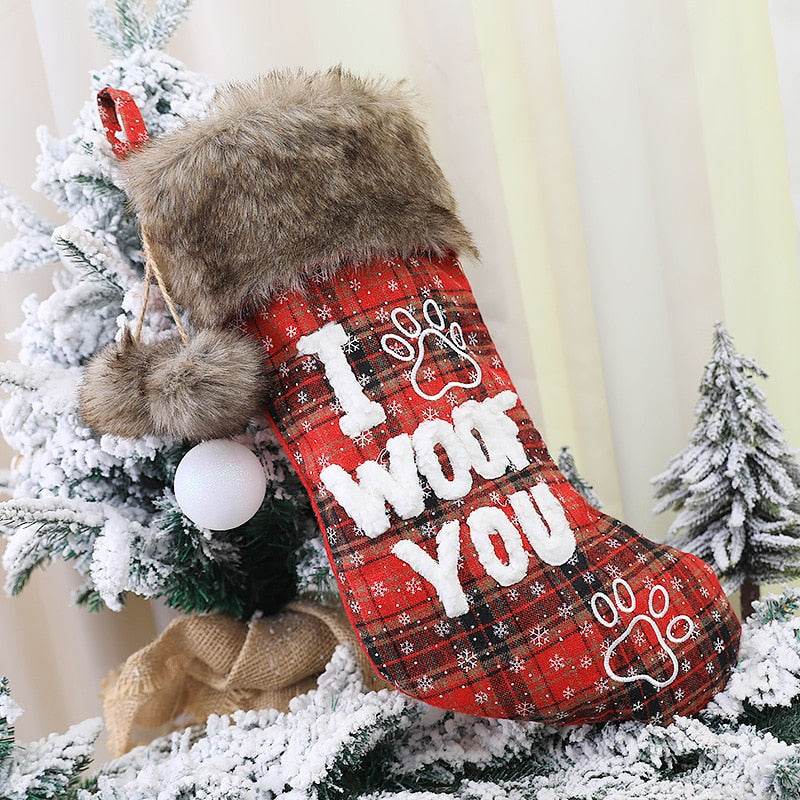Christmas Stocking Christmas Decorations Fur Collar with Ball Plaid Printing Letter Dog Paw Seeds Pendant New Year - IntuitiveEncBoutique