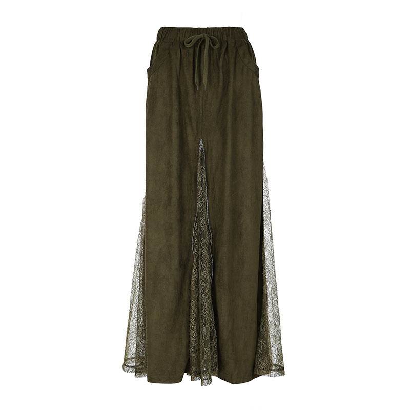 Vintage Green Lace Splicing Low Waist A-line Floor-length Skirt with Heavy Zipper - IntuitiveEncBoutique