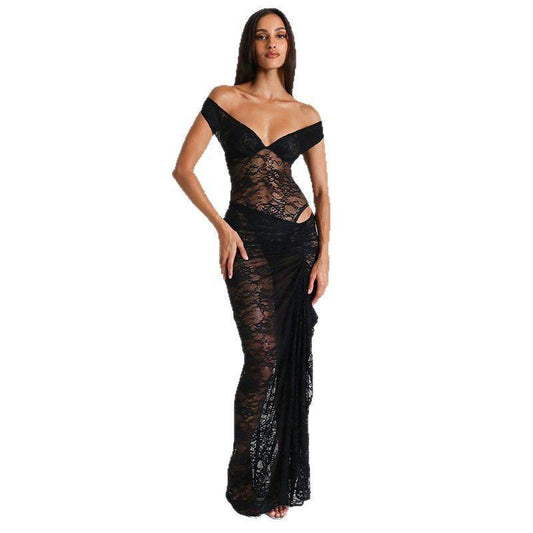 Lace dress sexy hollowed out see through jumpsuit half body long skirt two-piece set - IntuitiveEncBoutique
