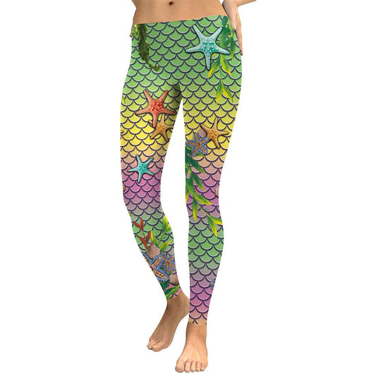 Mermaid Ocean Women Leggings Starfish Fish Scales Digital Print Leggings - IntuitiveEncBoutique