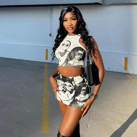Round Neck Cartoon Print Sleeveless Short Top and Skirt Set for Women - IntuitiveEncBoutique