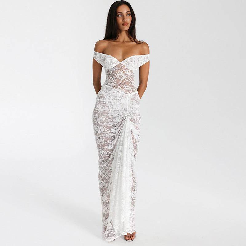 Lace dress sexy hollowed out see through jumpsuit half body long skirt two-piece set - IntuitiveEncBoutique