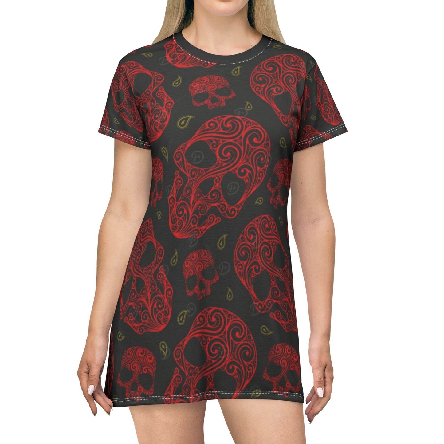 Gothic Skull T-Shirt Dress, Casual Summer Dress, Festival Style, Halloween Outfit, Edgy Fashion, AOP Print Dress - IntuitiveEncBoutique