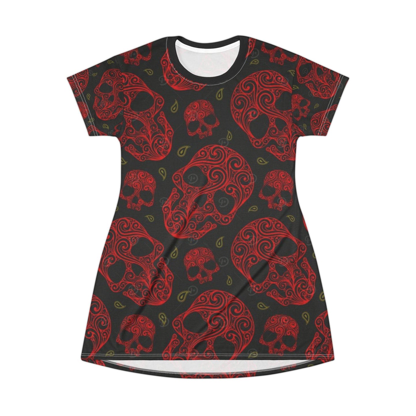Gothic Skull T-Shirt Dress, Casual Summer Dress, Festival Style, Halloween Outfit, Edgy Fashion, AOP Print Dress - IntuitiveEncBoutique