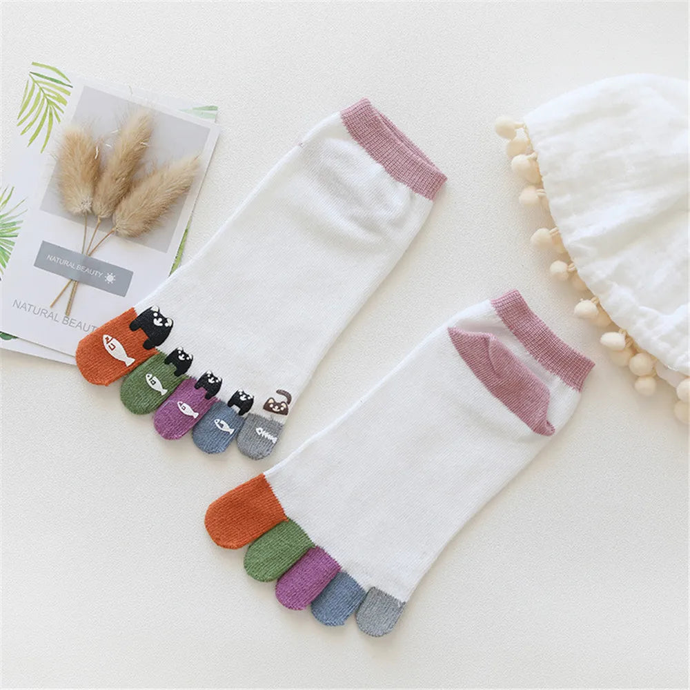 Cute Print Happy Socks Colorful Toe Funny Five Finger Harajuku Socks Cotton Funny Socks Skarpetki Chaussette Femme