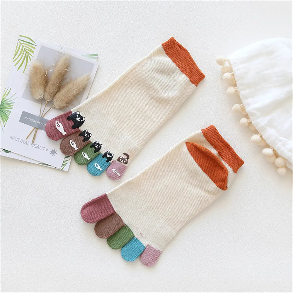 Cute Print Happy Socks Colorful Toe Funny Five Finger Harajuku Socks Cotton Funny Socks Skarpetki Chaussette Femme