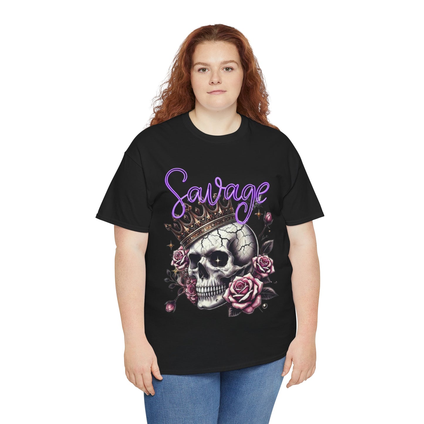 savage Crowned Skull Tee, Edgy Graphic Shirt for Halloween, Gift for Goth, Unisex Heavy Cotton Tee, Unique Art Shirt, Vintage Style Tee