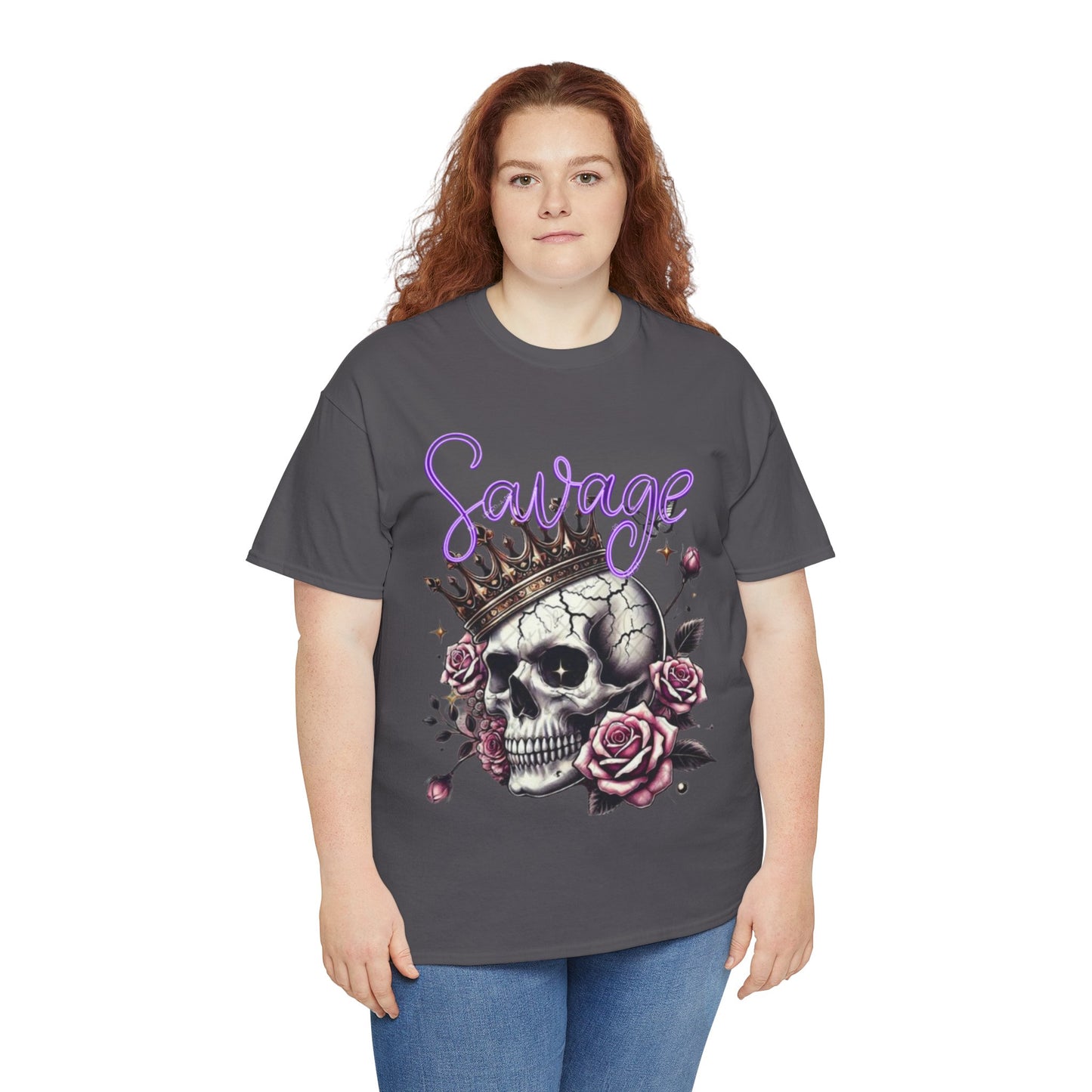 savage Crowned Skull Tee, Edgy Graphic Shirt for Halloween, Gift for Goth, Unisex Heavy Cotton Tee, Unique Art Shirt, Vintage Style Tee