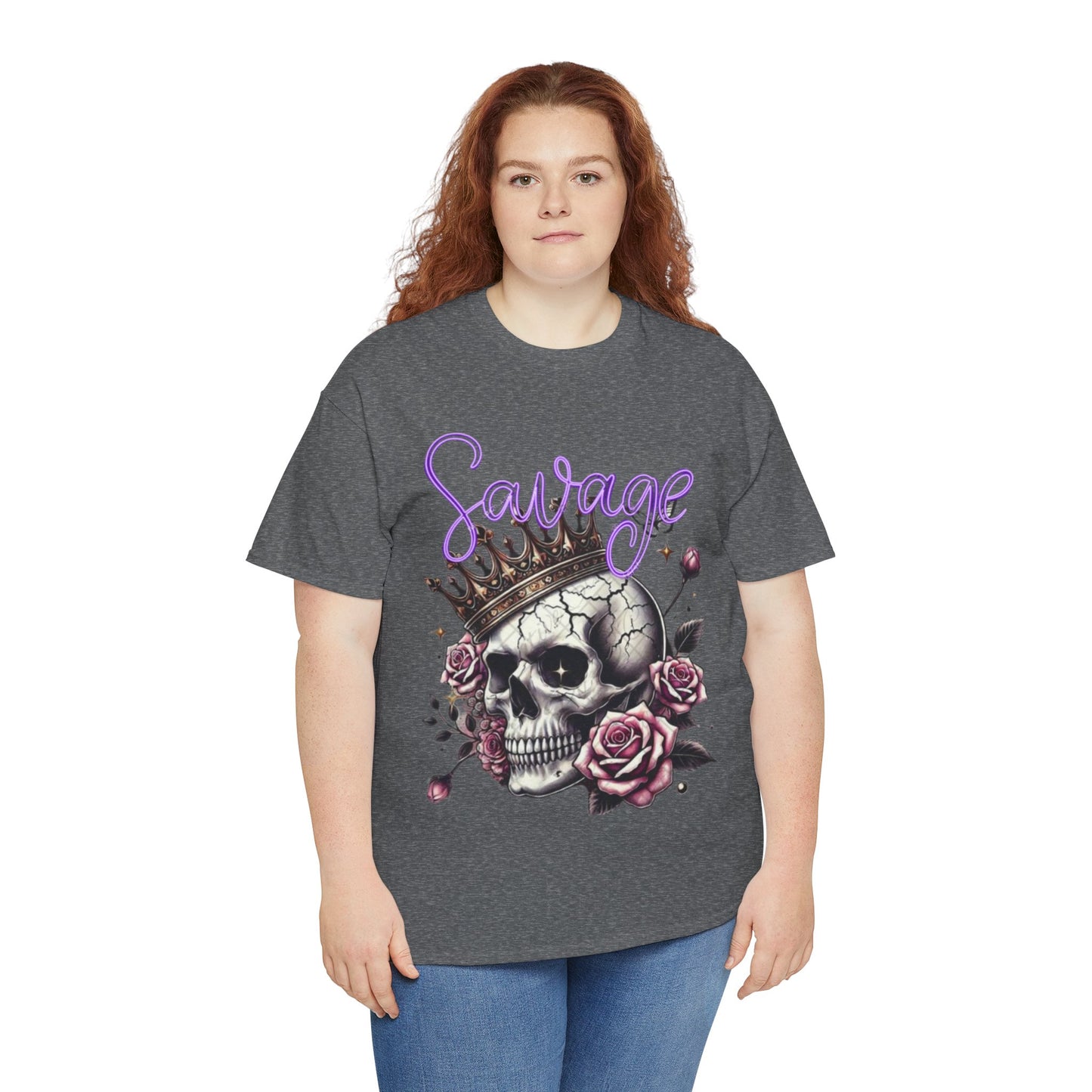 savage Crowned Skull Tee, Edgy Graphic Shirt for Halloween, Gift for Goth, Unisex Heavy Cotton Tee, Unique Art Shirt, Vintage Style Tee