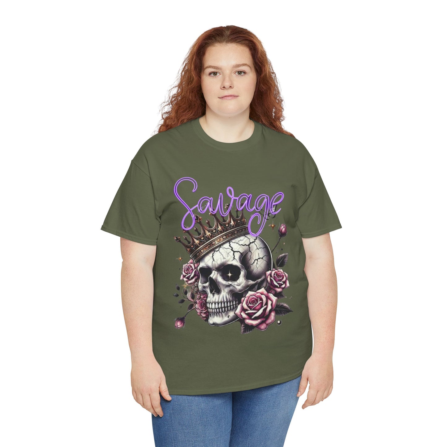 savage Crowned Skull Tee, Edgy Graphic Shirt for Halloween, Gift for Goth, Unisex Heavy Cotton Tee, Unique Art Shirt, Vintage Style Tee