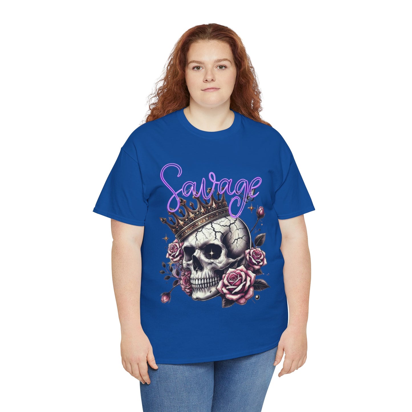 savage Crowned Skull Tee, Edgy Graphic Shirt for Halloween, Gift for Goth, Unisex Heavy Cotton Tee, Unique Art Shirt, Vintage Style Tee