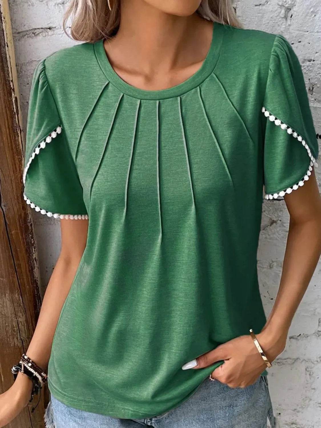 Full Size Round Neck Petal Sleeve Blouse Plus Size - IntuitiveEncBoutique
