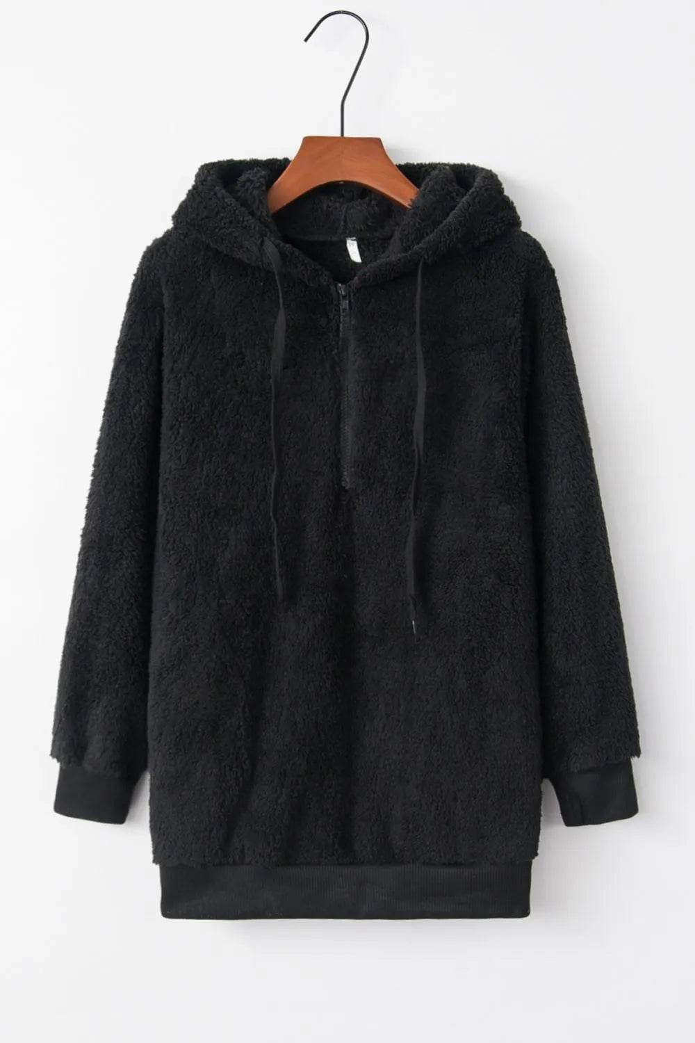 Full Size Quarter-Zip Drawstring Teddy Hoodie - IntuitiveEncBoutique