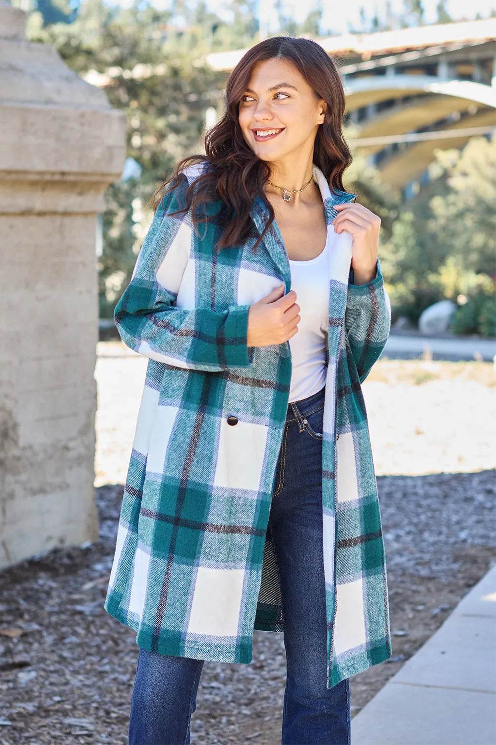 Double Take Full Size Plaid Button Up Lapel Collar Coat - IntuitiveEncBoutique