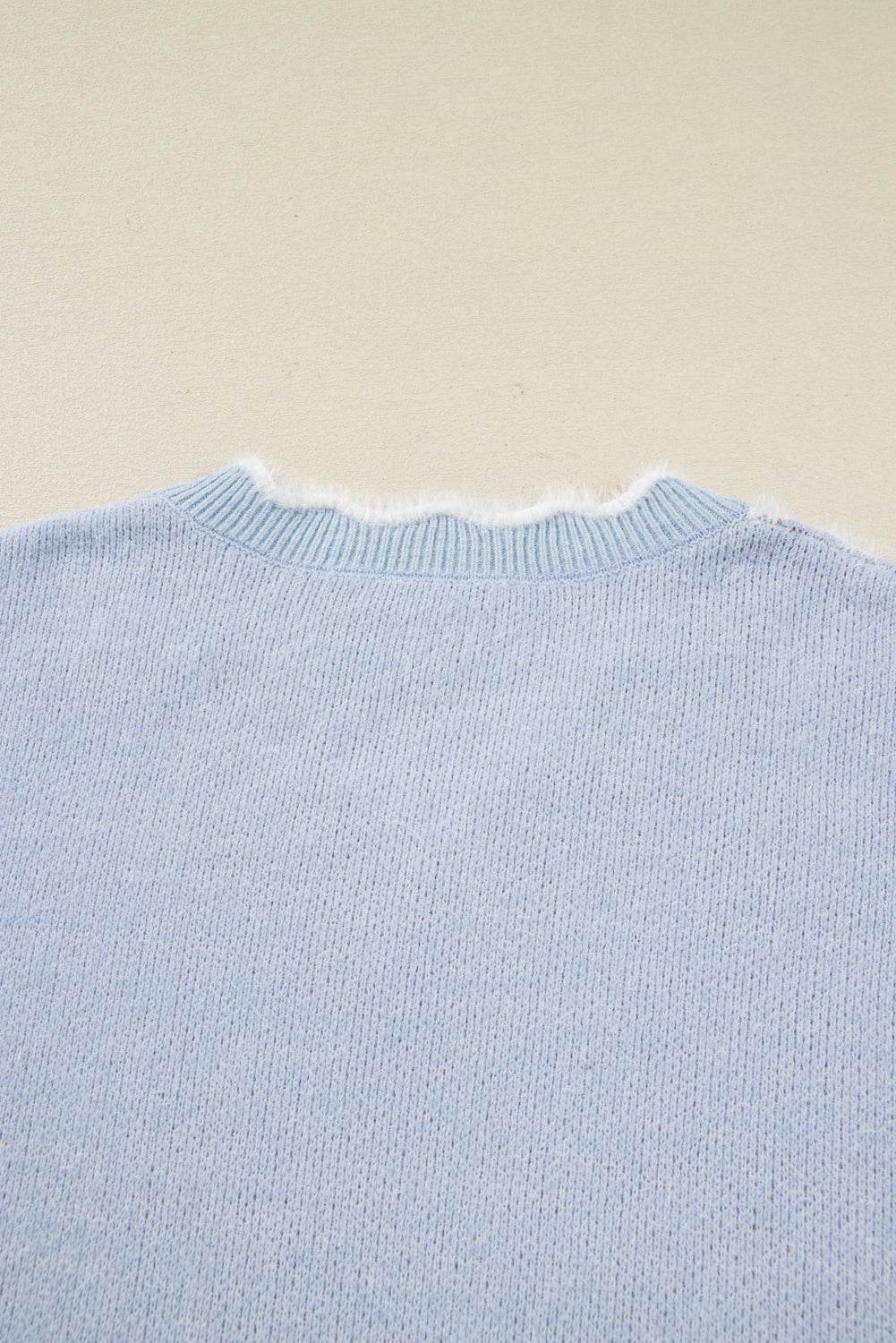 Gray Fuzzy Flower Scalloped V Neck Plus Sweater - IntuitiveEncBoutique
