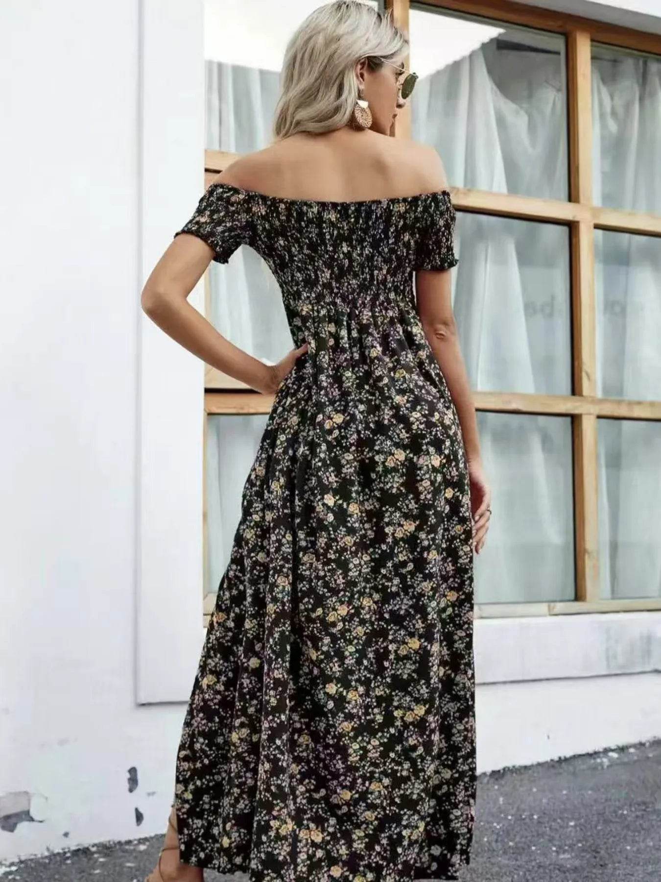 Full Size Slit Off-Shoulder Floral Midi Dress Plus Size - IntuitiveEncBoutique