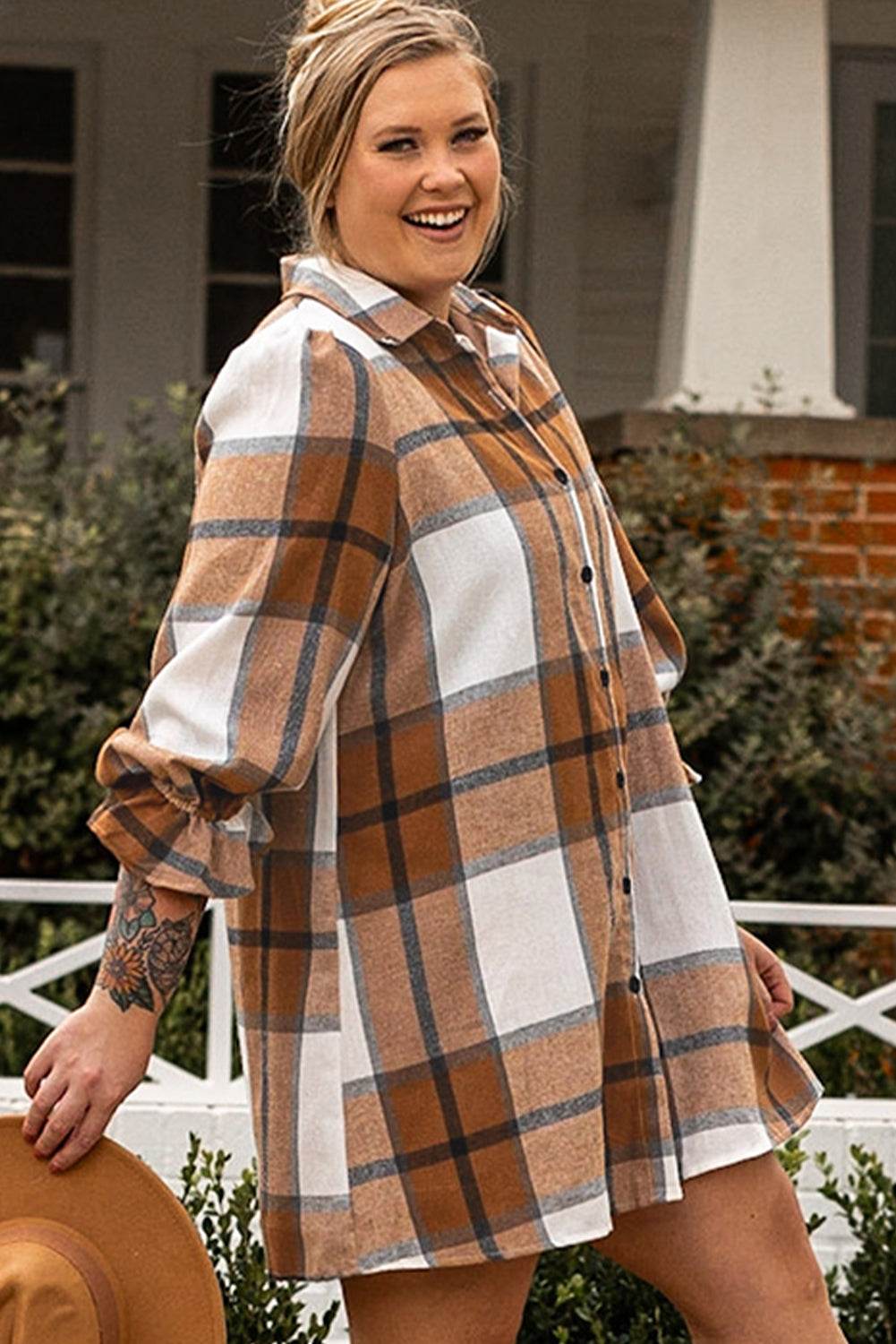 Khaki Plus Size Plaid Flounce Sleeve Button up Shirt Dress - IntuitiveEncBoutique