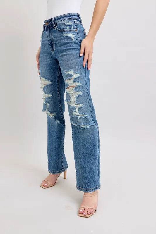 Judy Blue Full Size High Waist Heavy Destroy Straight Jeans Plus Size - IntuitiveEncBoutique