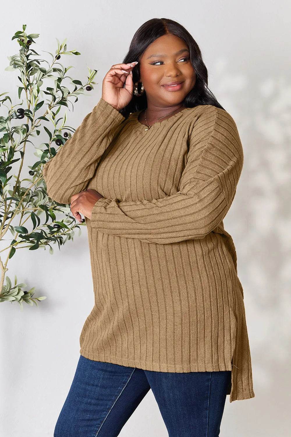 Basic Bae Full Size Ribbed Round Neck Long Sleeve Slit Top - IntuitiveEncBoutique