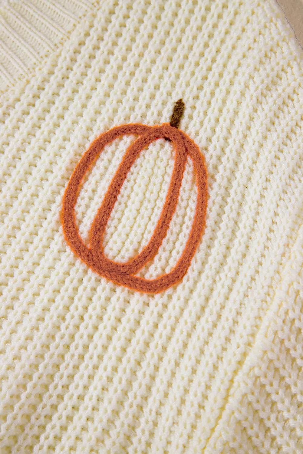 Raw Hem Pumpkin V-Neck Long Sleeve Sweater - IntuitiveEncBoutique