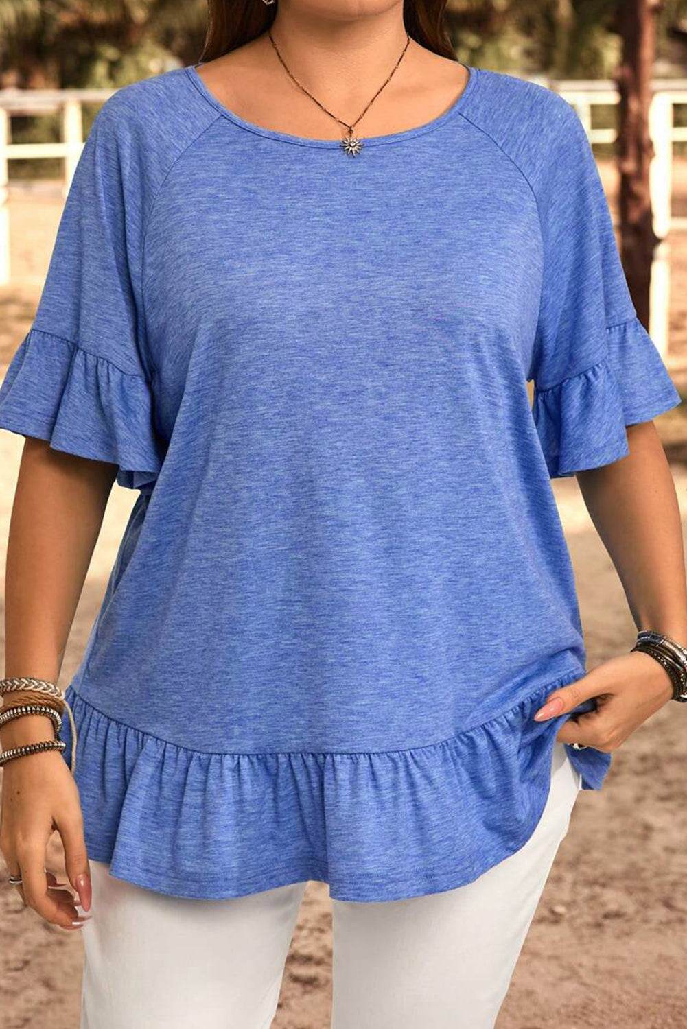 Dusk Blue Ruffled Short Sleeve Plus Size Casual Blouse - IntuitiveEncBoutique