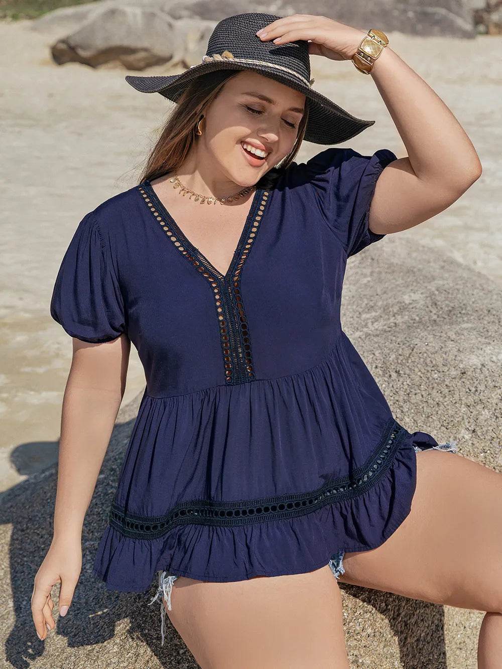 Plus Size Peplum V-Neck Short Sleeve Blouse - IntuitiveEncBoutique