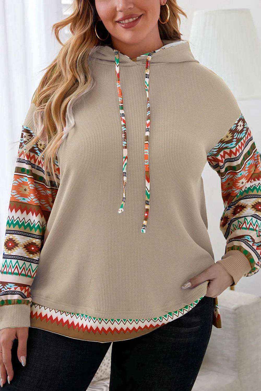 Plus Size Waffle-Knit Geometric Dropped Shoulder Hoodie - IntuitiveEncBoutique