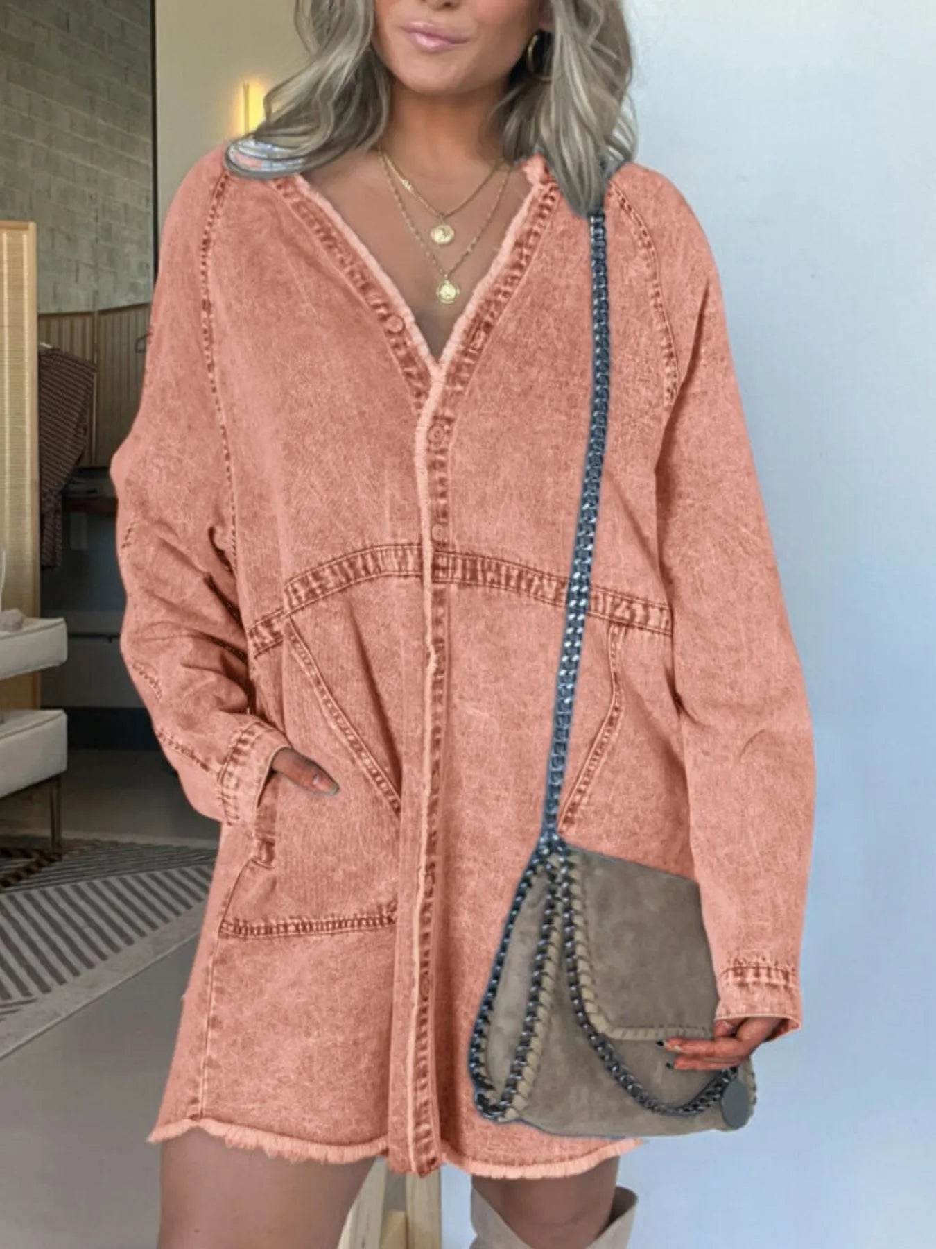 Full Size Button-Front Long Sleeve Denim Shirt Dress Plus Size - IntuitiveEncBoutique
