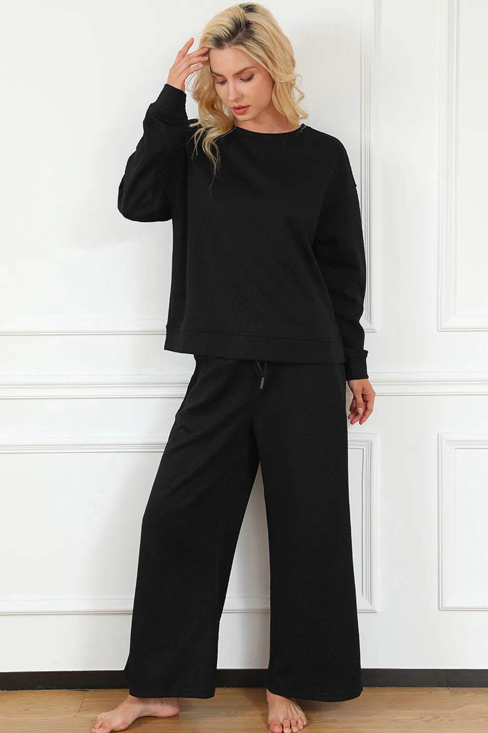 Double Take Full Size Textured Long Sleeve Top and Drawstring Pants Set - IntuitiveEncBoutique