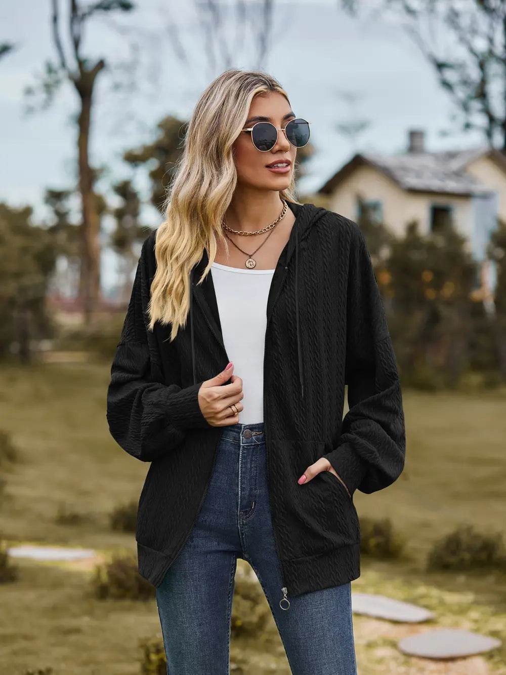 Zip Up Drawstring Long Sleeve Hooded Jacket - IntuitiveEncBoutique
