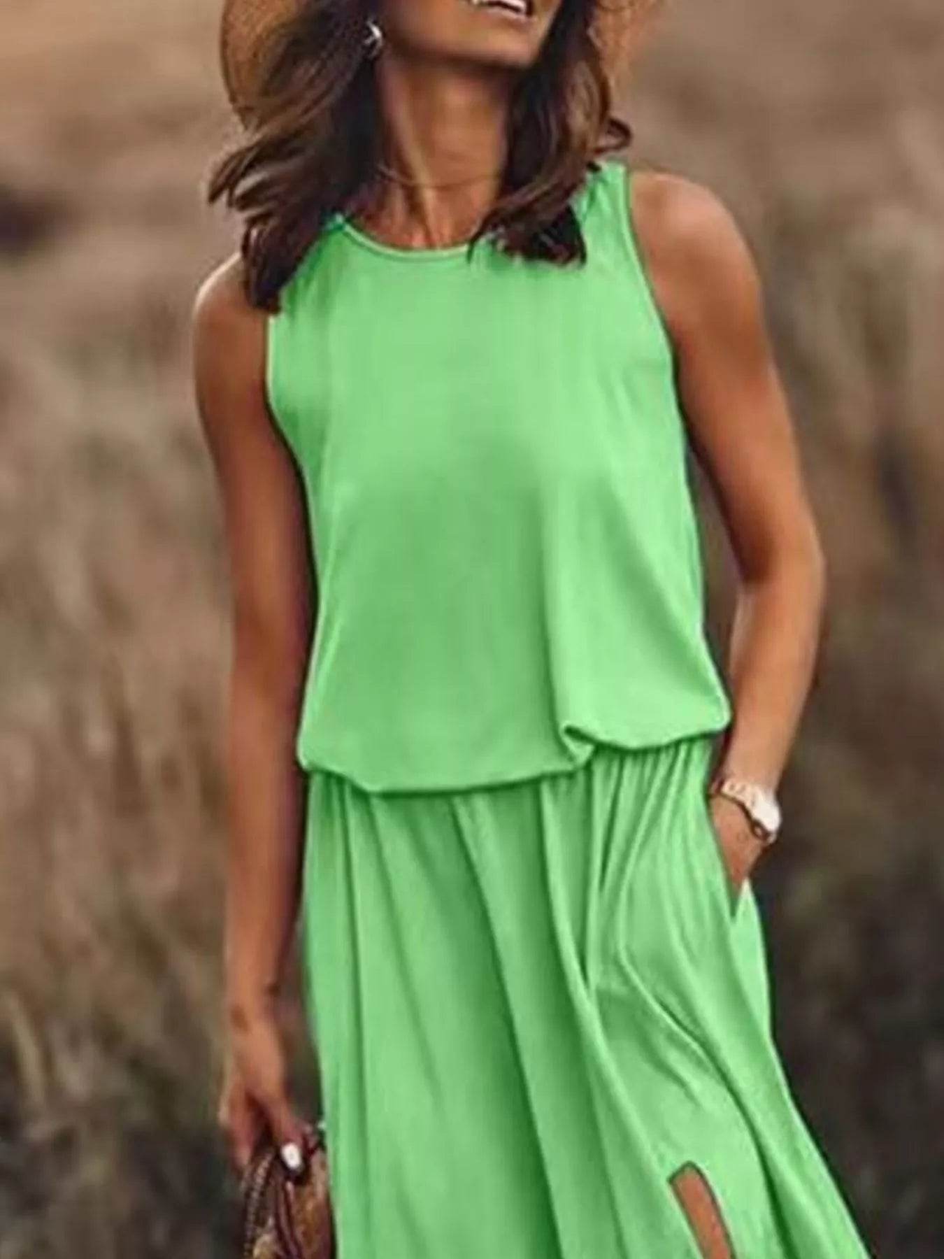 Full Size Round Neck Sleeveless Slit Maxi Dress Plus Size - IntuitiveEncBoutique