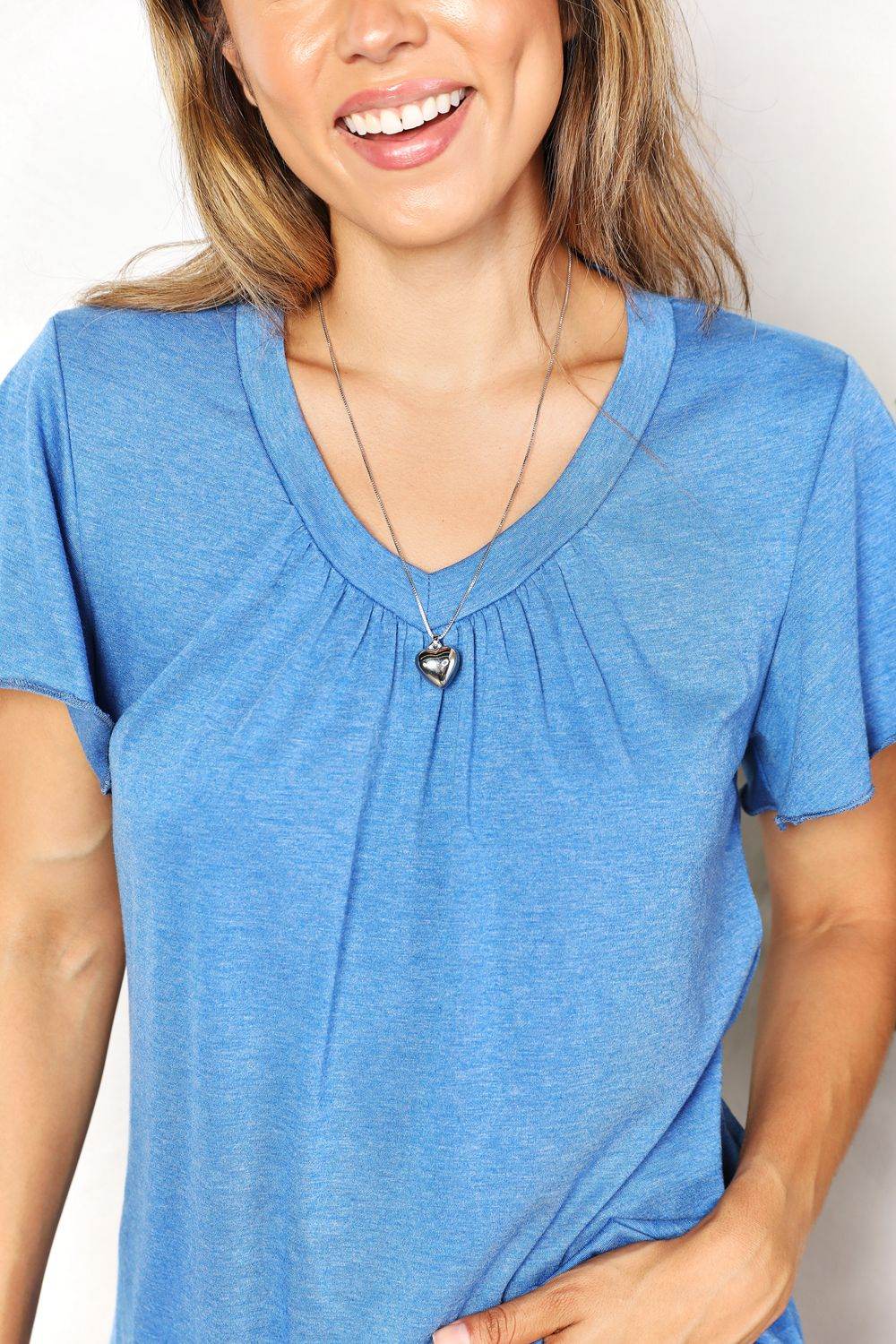 Double Take Ruched V-Neck Short Sleeve T-Shirt - IntuitiveEncBoutique