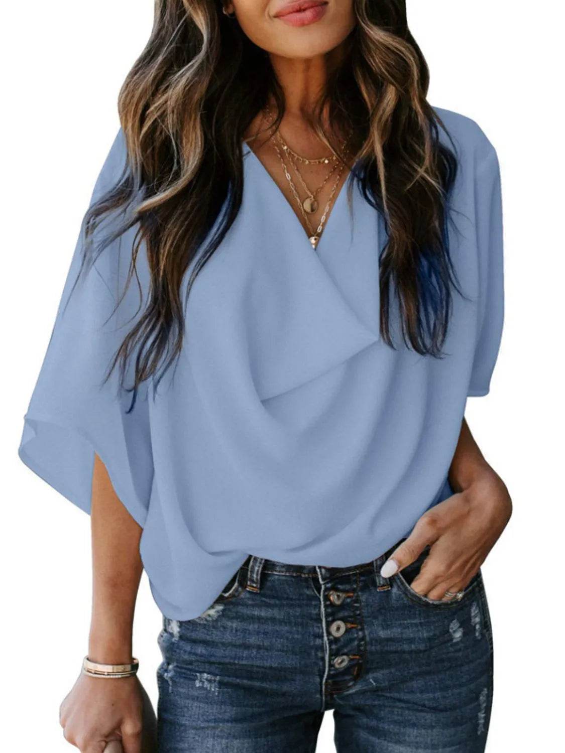 Full Size Ruched Three-Quarter Sleeve Blouse Plus Size - IntuitiveEncBoutique
