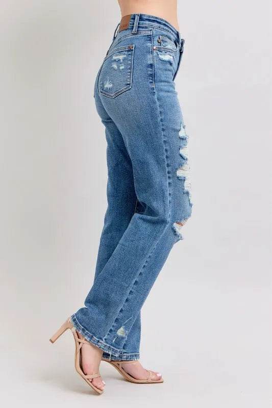 Judy Blue Full Size High Waist Heavy Destroy Straight Jeans Plus Size - IntuitiveEncBoutique
