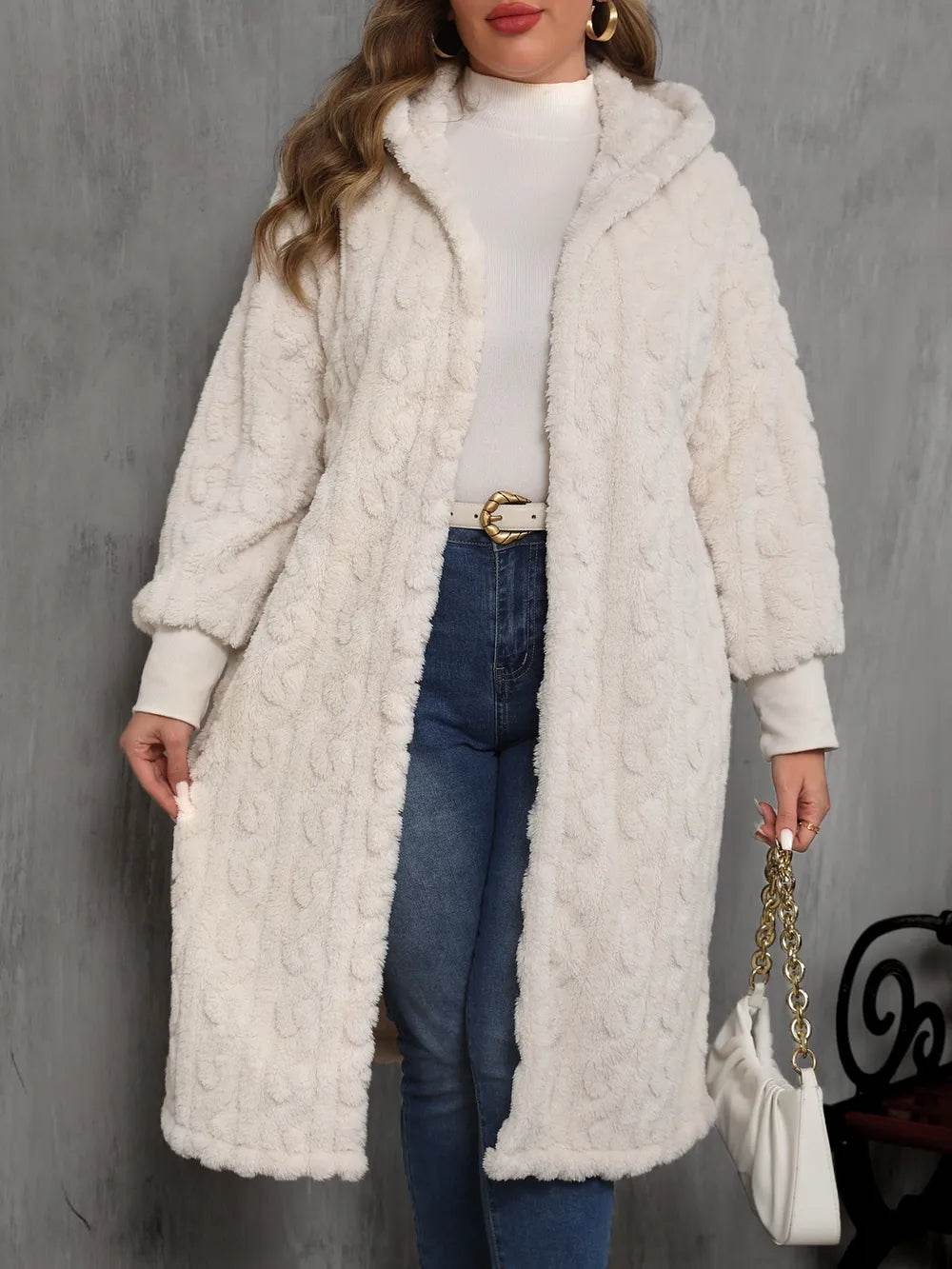 Plus Size Open Front Hooded Plush Coat - IntuitiveEncBoutique