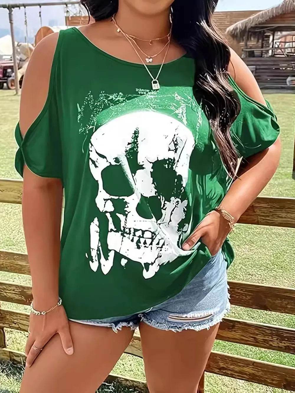 Plus Size Skeleton Graphic Round Neck Cold Shoulder T-Shirt - IntuitiveEncBoutique