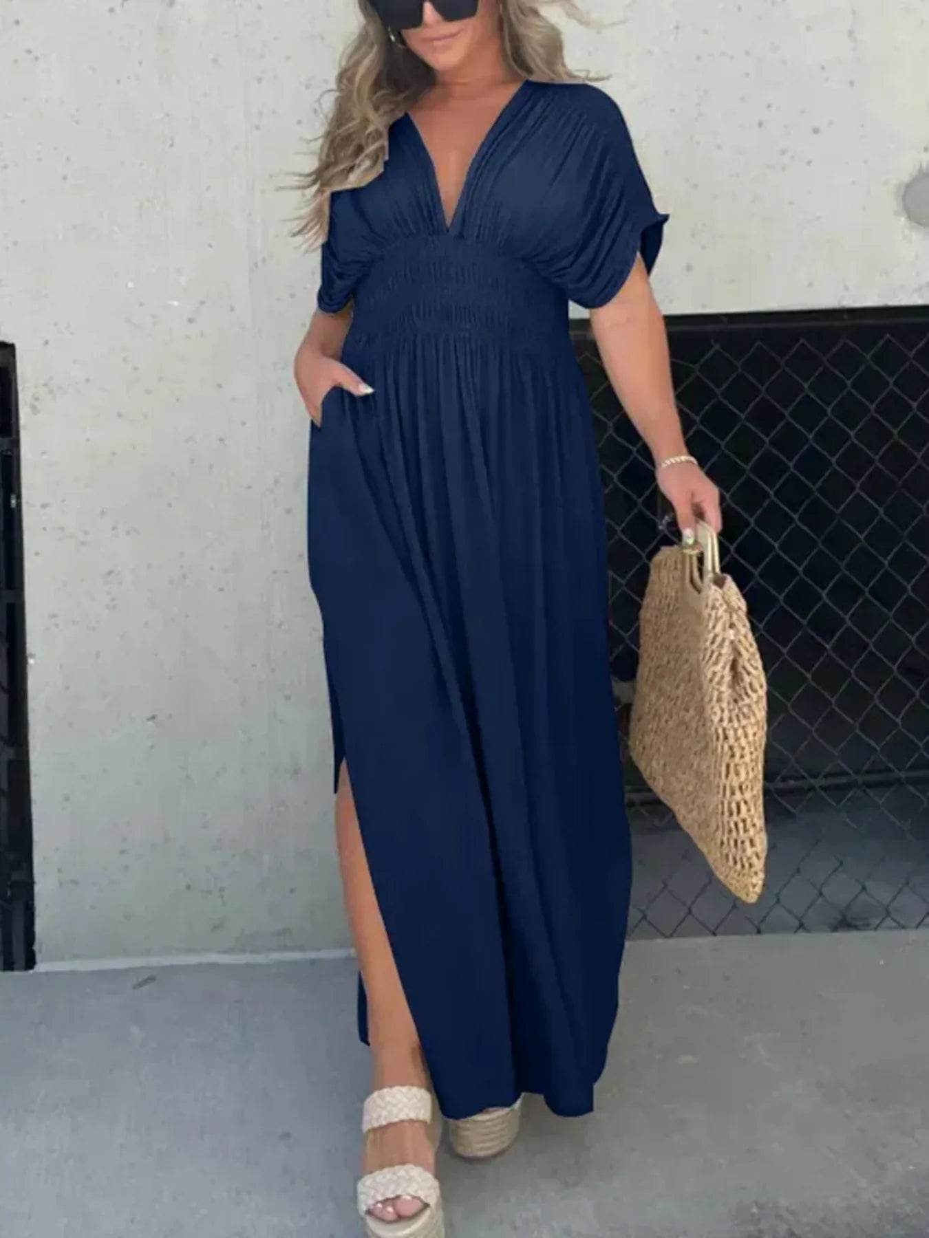 Full Size Deep V-Neck Maxi Dress with Side Slit Plus Size - IntuitiveEncBoutique