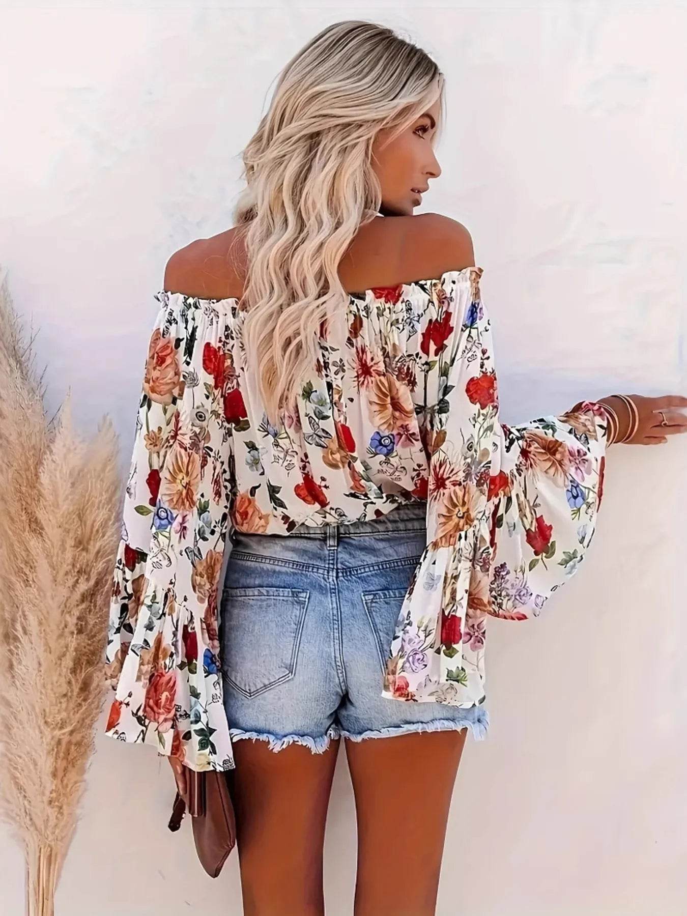 Full Size Floral Off-Shoulder Bell Sleeve Blouse Plus Size - IntuitiveEncBoutique