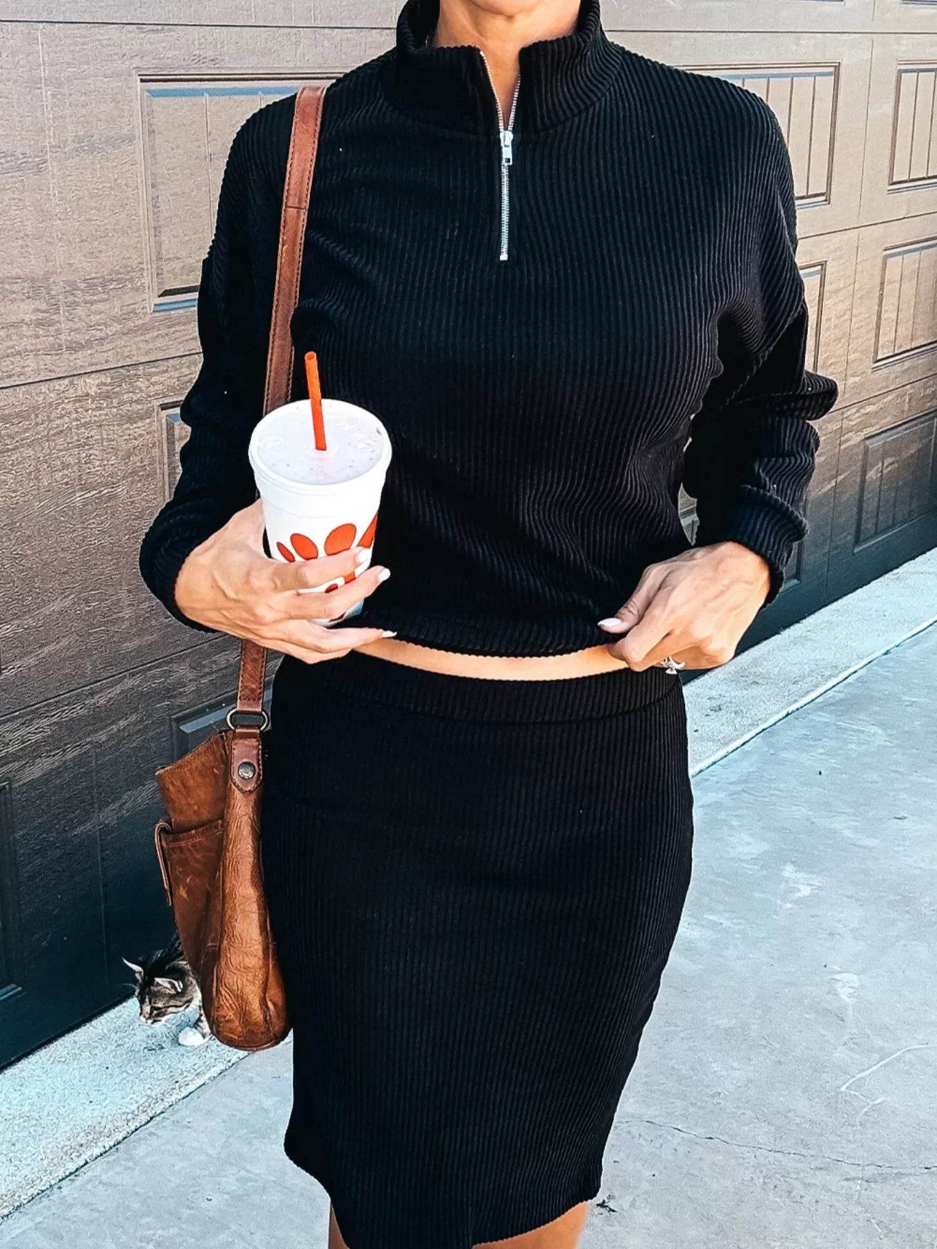 Ribbed Knit Quarter-Zip Top and Skirt Set - IntuitiveEncBoutique